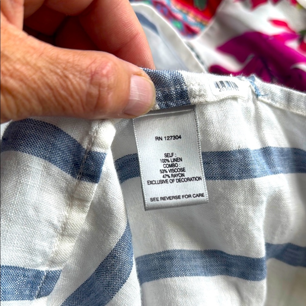 John Mark Striped Linen Denim & Floral Blouse Women’s Medium - Picture 13 of 14